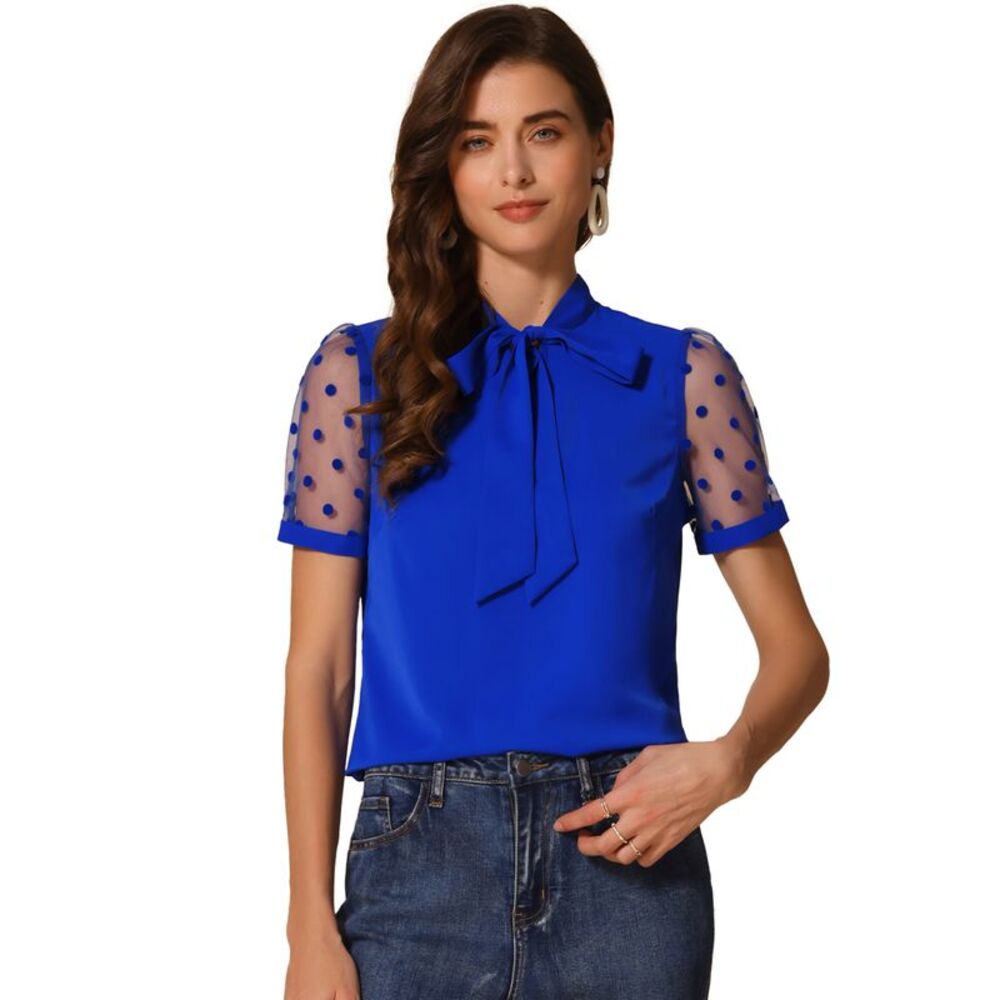 Bow Tie V Neck Stand Collar Short Mesh Sleeve Blouse Royal Blue